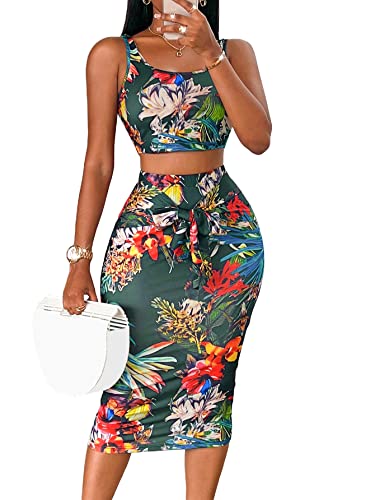 Floerns Women's 2 Piece Outfit Scoop Neck Crop Tank Top Tie Front Pencil Skirt Set Dark Green L #TOP29