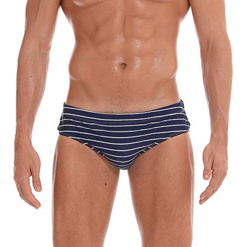 AIMPACT Mens Swimming Briefs Male Swimwear Sexy Low Rise Bikini Swim Suits Stripes with Drawstring Pad for Men(Blue L)