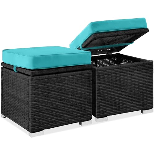 Best Choice Products Set of 2 Wicker Ottomans, Multipurpose Outdoor Furniture for Patio, Backyard, Additional Seating, Footrest, Side Table w/Storage, Removable Cushions - Black/Teal
