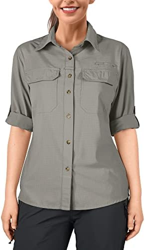 33,000ft Women's UPF 50 UV Sun Protection Shirt, Cool Quick Dry Long Sleeve Outdoor Fishing Hiking Safari Travel Shirt Gray Green