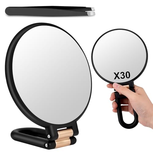 Vergrößerungsspiegel 30X/1X, Handspiegel mit Griff Vergrößerungsspiegel 30 Fach mit Griff, doppelseitiger Reise Lupenspiegel für Präzisions Makeup