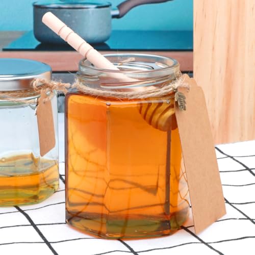 10 oz Honey Jars with Dipper, 20 Pack Hexagon Glass Jars with Golden Lids, Wooden Honey Sticks for Baby Shower Favors/Wedding Favors for Guests - Image 3