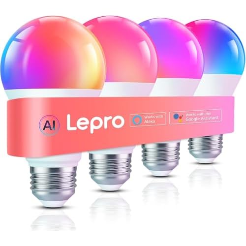 Lepro B1 AI Smart Bulb, LED Light Bulbs Color Changing, Work with Alexa and Google Assistant, WiFi & Bluetooth, Music Sync, Via Lepro App, RGBWW Dimmable LLM, A19 E26 800 Lumen, 4 Packs 4 60