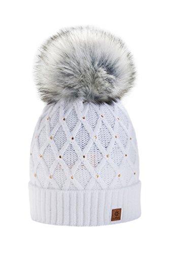 Morefaz - Gorro de invierno para mujer, decorado con cristales brillantes, con pompón, de lana, de estilo esquí y snowboard, moderno, blanco
