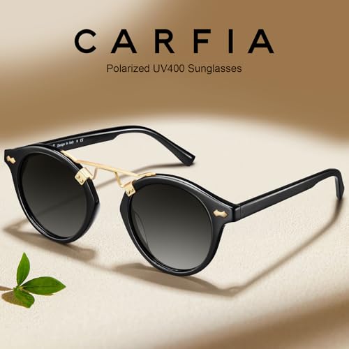 CARFIA Double Bridge Small Balck Acetate Sunglasses for Women Polarized, Retro Metal Brow Lady Sunnies Fashion Round Eyewears by CARFIA - Image 3