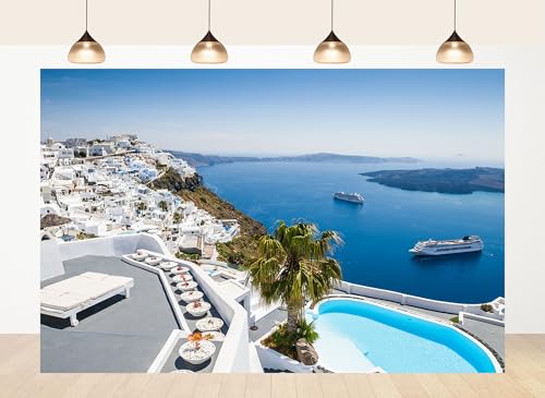 LidyMini 6x3.6ft Fabric Santorini Infinity Pool View Backdrop Caldera Blue Sea Luxury White Villas Background Dreamy Mediterranean Escape Theme Party Decor Wall Tapestry Photo Studio Props