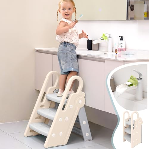 Image of Guzoea Folding Toddler Step Stool for Bathroom Sink, Kids Step Stool Adjustable from 3 Step to 2 Step for Toilet Potty Training