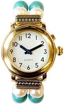 RNIB Approved Talking Watch with Pearl Bracelet Strap (Turquoise and Pearl Strap)