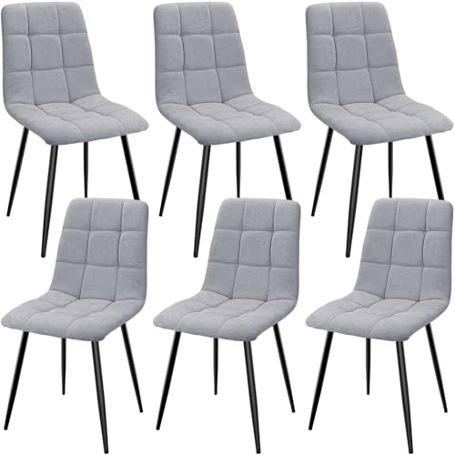 JIJIAN Set of 6 Dining Chairs, Linen Kitchen and Living Room Chairs with Upholstered Seat Backrest and Sturdy Black Metal Legs, Checkerboard Pattern (Grey)