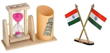 Eversky01 Handicraft Wooden Hour Glass Timer Pen/Pencil And Indian Flag Stand for Offices Living Room & Showpiece Design May Vary For Home Decor Combo Pack (Set Of 2)