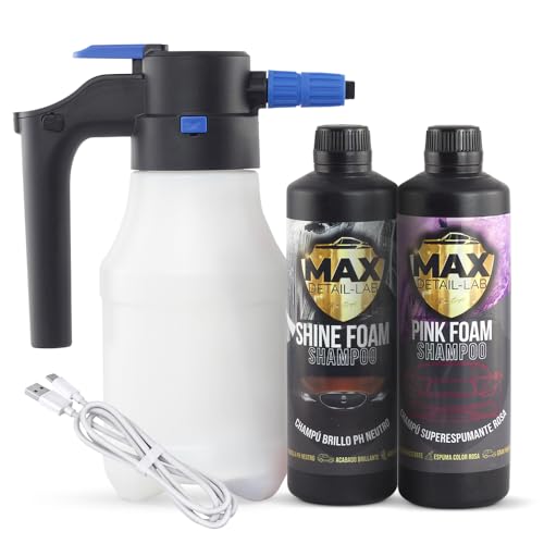 MAX DETAIL-LAB - E-Foam Pack - Kit Limpieza Coche Champú y Pulverizador a Batería Presión Foamer Eléctrico Espuma Activa, Snow Cherry Productos Lavado Exterior Detailing Profesional Auto Moto