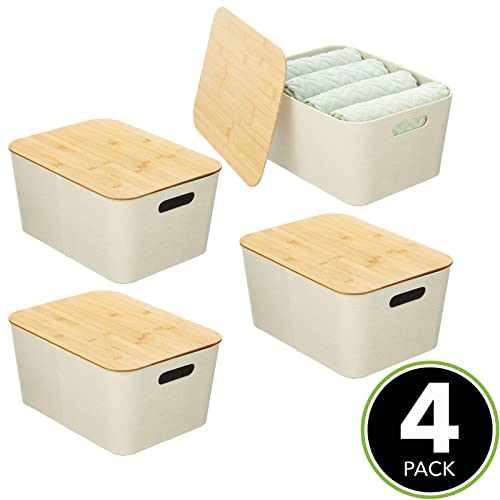 Mdesign Modern Fabric Covered Basket With Lid - Stacking Decorative Storage Bin Box With Bamboo Cover For Closet, Living Room, Kitchen, Office Shelf - Holders For Clothing/Accessories, 4 Pack, Cream #TOP1