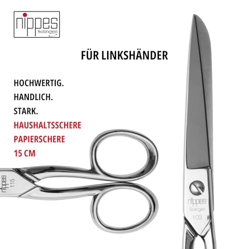 nippes Solingen professionelle Haushaltschere [für Linkshänder] aus vernickeltem Stahl | 15 cm | Mehrzweck-Schere zum Schneiden von Papier, Karton und Verpackungen | Qualität aus Solingen