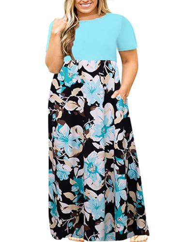 Image of Kancystore Women's Plus Size Maxi Dress with Pockets Summer Dresses XL-5X | Plus Size High Waisted Long Length Beach Dress, Empire Waist Round Neck Casual Dress, Solid Striped Floral Tie Dye Colors