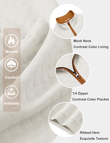 COOFANDY Mens Quarter Zip Pullover Mock Neck Quilted Sweatshirt Casual Long Sleeve Polo Sweater (White, Large)
