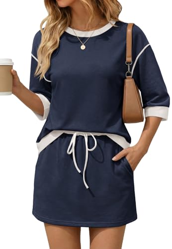 Image of Tankaneo Womens 2 Piece Skirt Sets 3 /4 Sleeve Sweatshirt Lounge Sets | Skort Sets, Color Block, Summer Casual, Matching Sets, Trendy Outfits