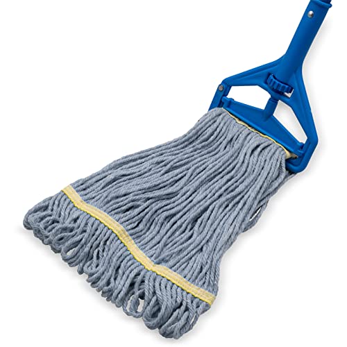 Image of SPARTA Flo-Pac Cotton Mop Head, Loop-Ended, Narrow Band with 1 inch Yellow Band for Organized Cleaning, Small, Blue, (Pack of 12)