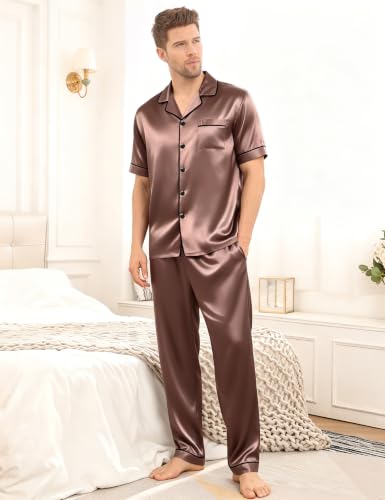 Image of SWOMOG Mens Satin Pajama Set Short Sleeve Classic Sleepwear Button Down Silky Loungewear with Long Pants