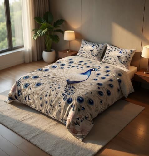 Image of 7D Printed King Size Bedsheet with 2 Pillowcases, White Peacock