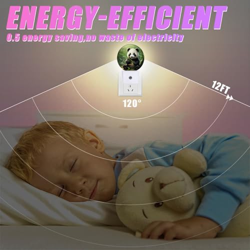 Image of Cute Panda Night Light Animals Night Lights LED Lamp Round Plug into Wall Nightlight with Dusk to Dawn Sensor Home Hallway Stairway Kitchen Decor