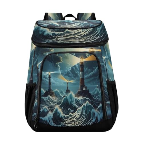 Ocean Lighthouse Wave Teal Cooler Backpack Leakproof Insulated Lunch Cooler Bag 30 Cans Camping Backpacks for Road Trip Picnic Beach