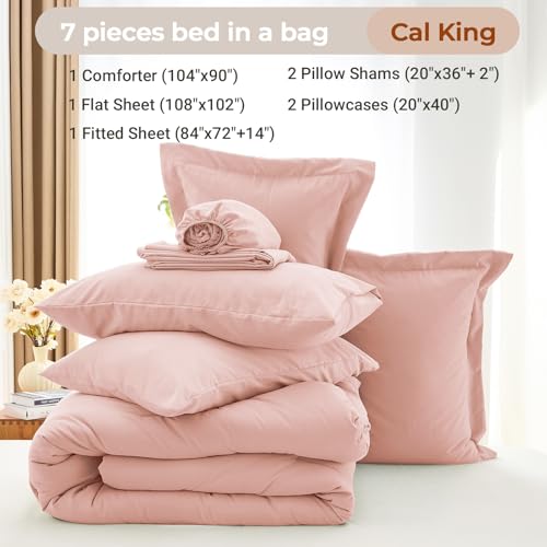 MUXHOMO 7 Pieces California King Comforter Set, Soft Bed in a Bag Cal King Size, All Season Bedding Set with Comforter, Flat Sheet, Fitted Sheet, Pillowcases & Shams, Rose Gold