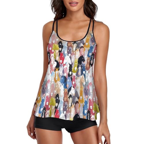 Tankini de caballos de dibujos animados para mujer con pantalones cortos y tirantes