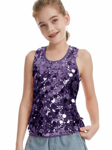 CharmWM Girls Sequin Top Sleeveless Sparkly Tank Top Dance Vest Glitter Cocktail Party Shiny Club Night Purple