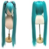 Yutniverse Green Long Straight Cosplay Wig with 2 Removable Ponytails Wigs for Women Synthetic Hair Green Wig Cap For Halloween Christmas