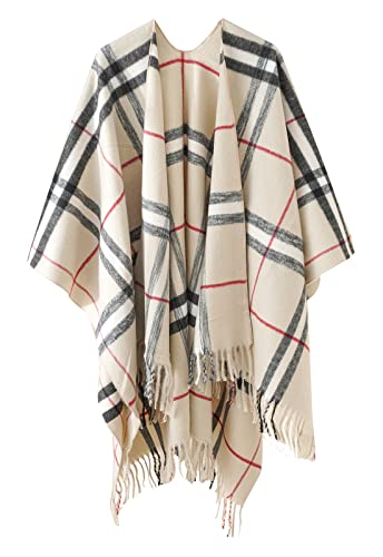 Danfiki Poncho reversible para mujer con capa estampada y frente abierto, Double Grid White, talla única