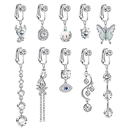 NICEIGHT 10PCS Faux Belly Button Rings for Women Dangle Belly Rings Clip On Belly Rings Butterfly Evil Eye Fake Navel Rings Non Piercing Jewelry S10