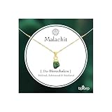 Bixorp Malachit Edelstein Kette Damen - Rohstein Halskette - Chakra Schmuck aus Edelstahl mit 18K Goldplattierung - 36 cm + 8 cm verstellbar