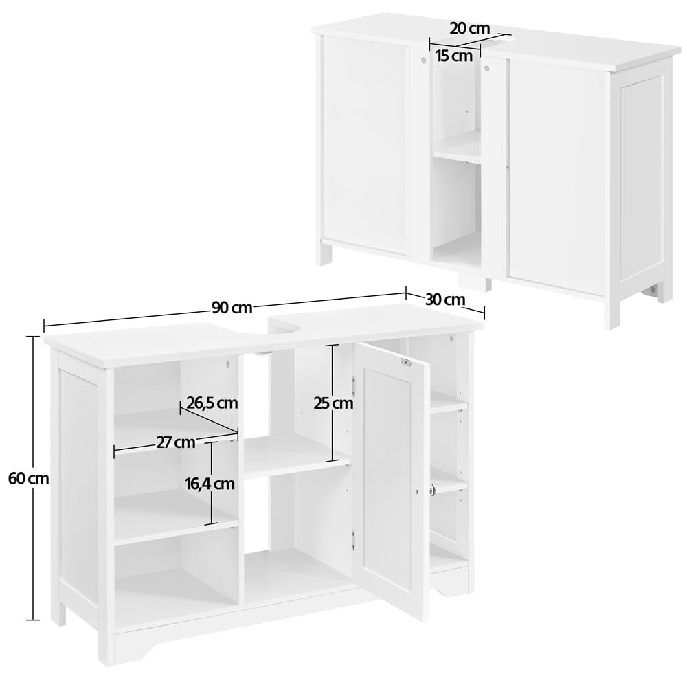 Yaheetech Mobile da Bagno Sottolavabo Mobiletto con Ripiani Portaoggetti Armadietto da Terra per Lavandino Mobile da Archivio con Anta in MDF 60 × 30 × 90 cm Bianco