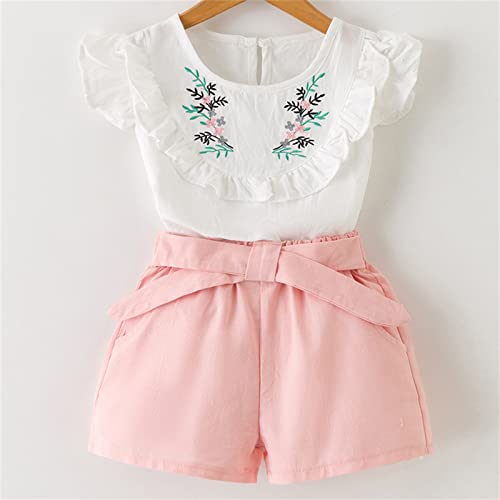 Tops+Shorts Camiseta Bebê Floral Babado Verão Infantil Roupas Bordadas 2 Peças Conjunto Infantil Rou