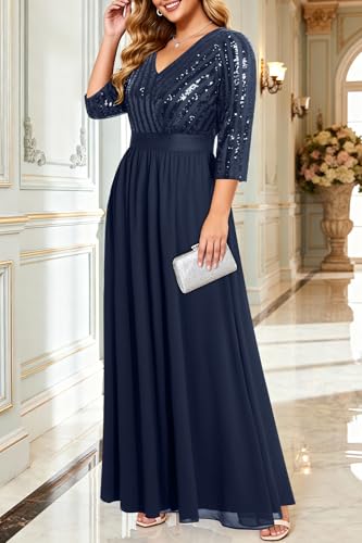 Image of Womens Plus Size Formal Dresses - V Neck 3 /4 Sleeve Sequin Prom Evening Gowns Long Maxi Dres