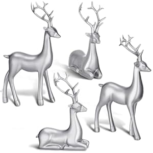 Thyle 4 pcs christmas resin sitting standing deer statue reindeer figurines deer decorations for home indoor rustic christmas home decor statue small reindeer sculpture silver  urban country home decor