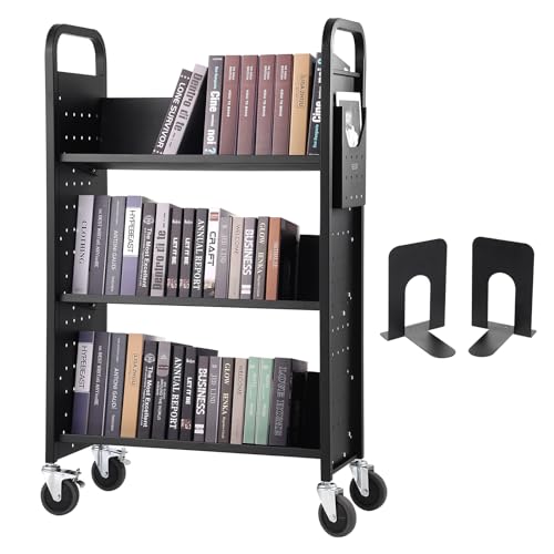 Image of VEVOR Book Cart, 330 lbs Library Cart, 31.1 inch x 15.2 inch x 49.2 inch Rolling Book Cart, Single Sided V-Shaped Sloped Shelves with 4-Inch Lockable Wheels for Home Shelves Office and School, Book Truck in Black