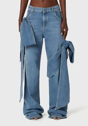 Women's Baggy Jeans Y2k Bow Tie Straight Wide Leg Denim Pants Streetwear Club Party2