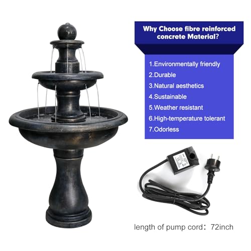 Image of SunJet 45.2 inch High 3-Tiers Modern Concrete Outdoor Water Fountain - Round Large Outdoor Fountains and Waterfalls for Garden, Patio, Yard, and Deck Decor, Featuring Natural Stone Look (Black, 45.2inch)