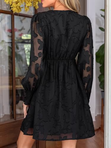 CUPSHE Women's Mini Fall Dress V Neck Long Sleeves Lace Smocked Casual Short A Line Wedding Guest Dress3