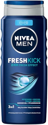 NIVEA MEN Fresh Kick Pflegedusche, pH-hautneutrales Duschgel mit kühlendem Menthol, erfrischendes Männer Duschgel für Körper, Gesicht und Haar (500 ml)