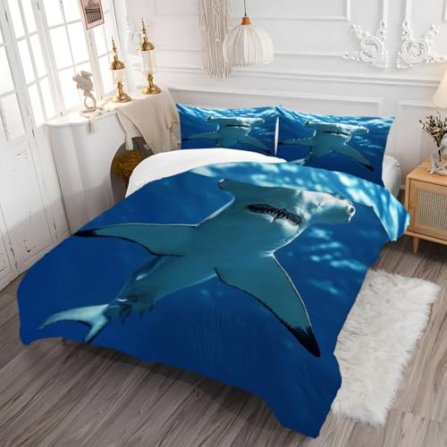 Parure de lit Requin-Marteau imprimé 3D avec housse de couette en microfibre bleue - 4