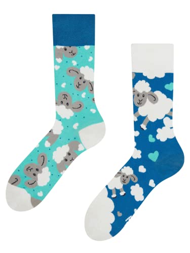 Dedoles Socken Unisex Damen Herren & Kinder Baumwolle viele lustige Designs 1 Paar Geschenk links rechts verschieden Farbe Blau Motiv Schafe und Wolken Gr. 35-38