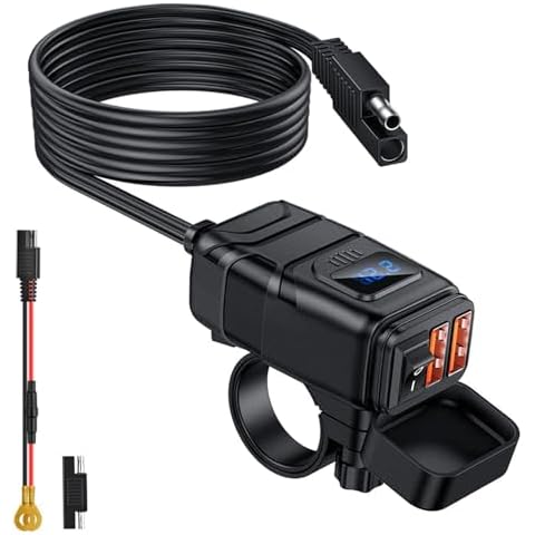 ‌Motorcycle USB Charger, QC3.0 Quick Charge & 6.8A Dual Ports Motorcycle Phone Charger with Voltage Display & On/Off Switch, Waterproof SAE Quick-Disconnect Adapter for Phones, Tablets, GPS Cover