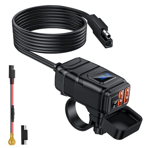 ?Motorcycle USB Charger with QC3.0 Quick Charge, 6.8A Dual Ports, Voltage Display & On/Off Switch, Waterproof SAE Quick-Disconnect Adapter for Phones, Tablets, GPS