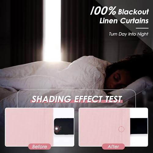 Image of Nanspring Pink 100% Blackout Linen Curtains 84 Inch Length 2 Panels Set for Bedroom Back Tab Modern Farmhouse Decor Black Out Girl Curtain for Living Room Office Thermal Insulated Drapes 52x84