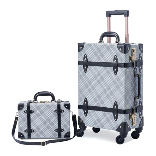 7998 Vintage Carry on Suitcase Set, 2-Piece PU Leather Retro Luggage with Cosmetic Train Case for Weekend Trips Getaways (20