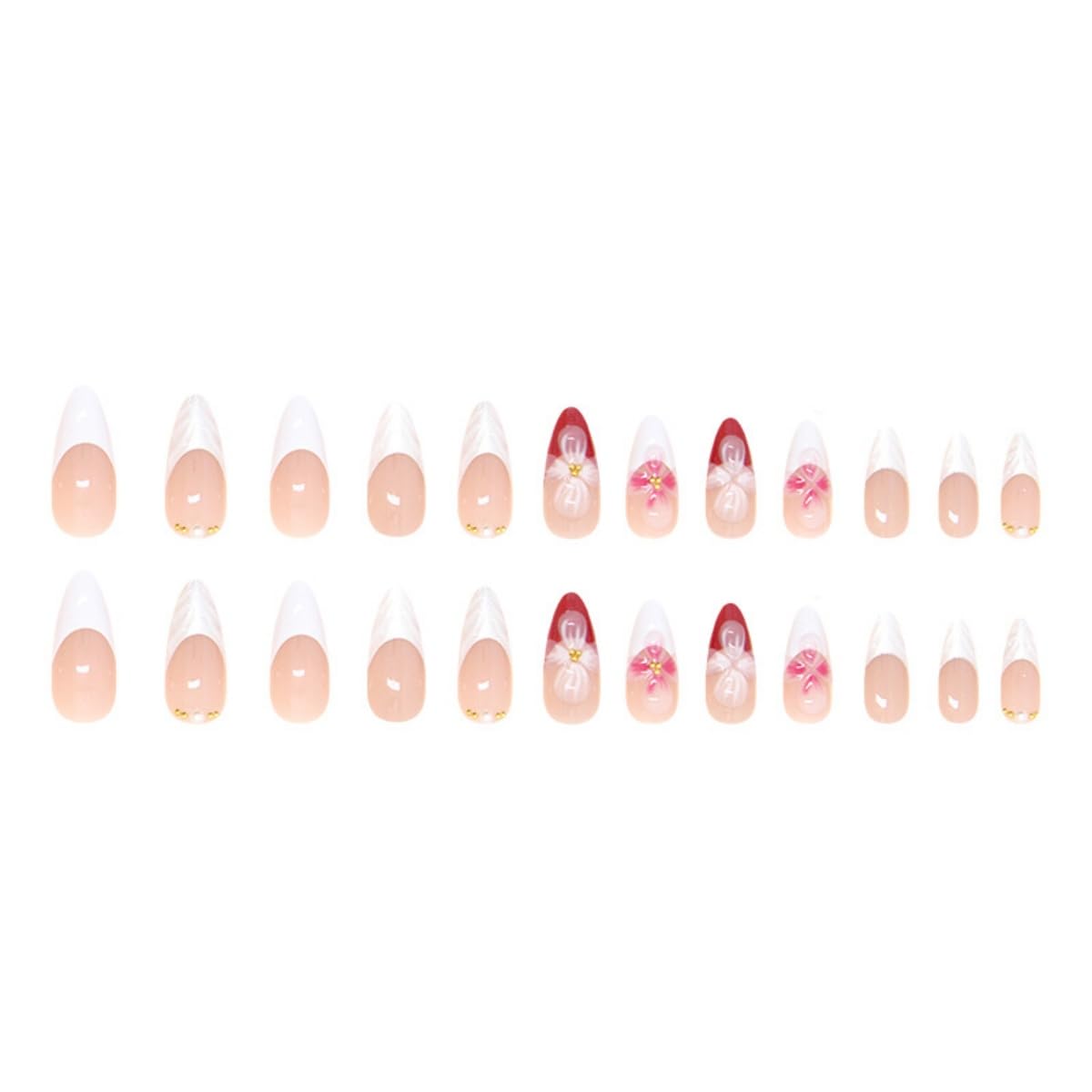 JUSTOTRY 24 Pcs Red Flower Almond Press on Nails Short,White French Fake Nails with 3D Sculpting Metallic Pattern,Glossy False Nails Medium for Nail Art,Oval Stick on Nail for Women Gifts - Image 4