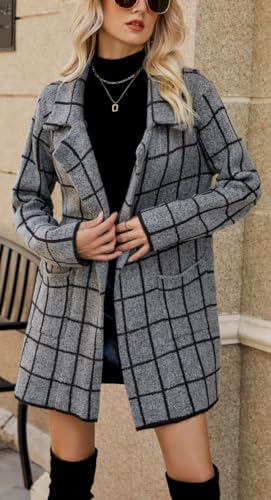 Women's Plaid Lapel Collar Open Front Cardigan Sweater Button Up Long Sleeve Business Knit Blazer Jacket2