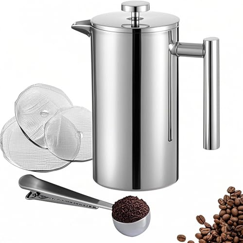 Wrobic Cafetière à piston en acier inoxydable à double paroi isolée en métal, système de filtration à 3 niveaux avec 3 filtres supplémentaires, 350 ml